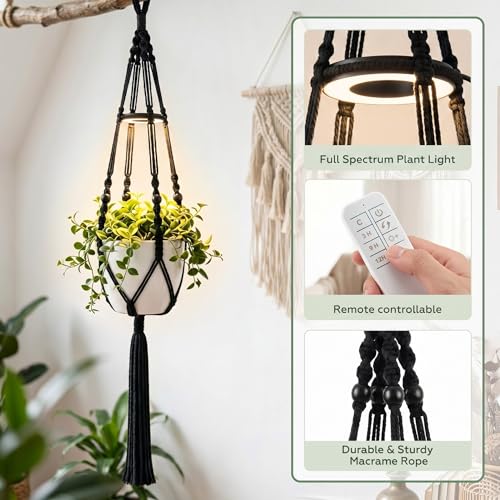 Huquary 3 Pack Macrame Hanging Plant Hanger with Grow Light,Black - color: Black