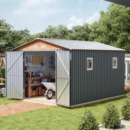 10x12x7.4FT Outdoor Storage Shed with Lockable Large Doors, Matte Gray - size: 10*12FT (No Base)