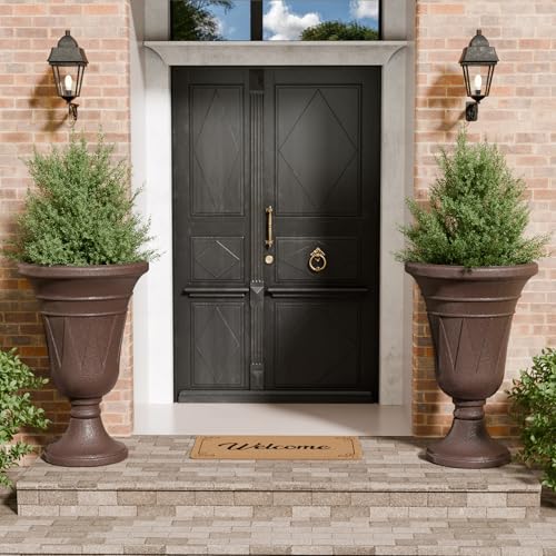 Tall Plastic Urn Planters and Pedestal - 24" Outdoor Planter Brown - color: Brown-trophy