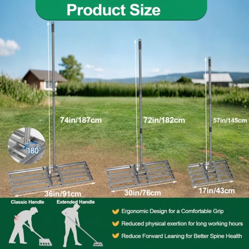 Lawn Leveling Rake, 17" x 10" Heavy Duty Lawn Leveler Tool with 57" Handle, Carbon Steel Ground Leveling Rake for Spreading Soil, Sand, Dirt & Top Dressing, Yard Garden Lawn Tool