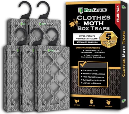 MaxGuard Clothes Moth Traps (5-Pack) – Non-Toxic Pheromone Glue Traps for Closets – Targets Webbing & Case-Bearing Moths – No Mothballs Needed