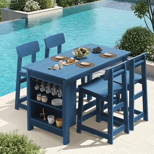 SERWALL 5-Piece Outdoor HDPE Counter-Height Bar Set with 4 Stools, Blue - color: Blue, size: 5 Piece Bar Set