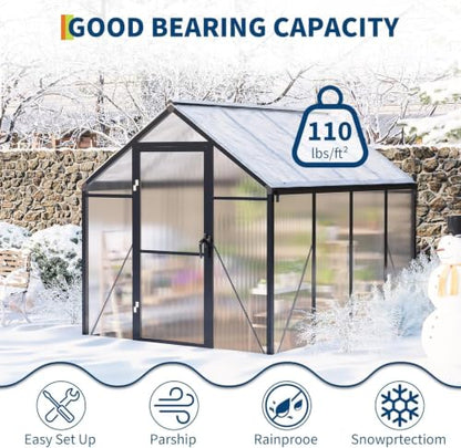6x8 FT Polycarbonate Walk-in Greenhouse with Roof Vent & Sliding Door - color: Black, size: 6x8 FT