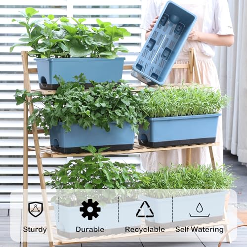 Oliz Window Box Planter 8 Pcs, 17 Inches Rectangle Flower Pots with Drainage Holes and Trays, Vegetable Planters for Windowsill Patio Garden Balcony Home Porch Yard Indoor Outdoor (Blue) - color: Blue