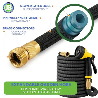 J&B XpandaHose 100ft Expandable Garden Hose, Lightweight, Brass Connectors - color: Black, size: 100ft
