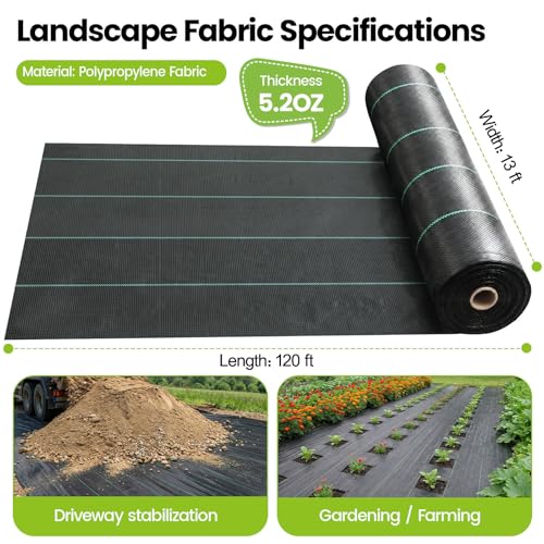 13x120ft Driveway Fabric, 5.2OZ Landscape Fabric for Weed Barrier & Gravel - size: 13x120 ft-5.2OZ
