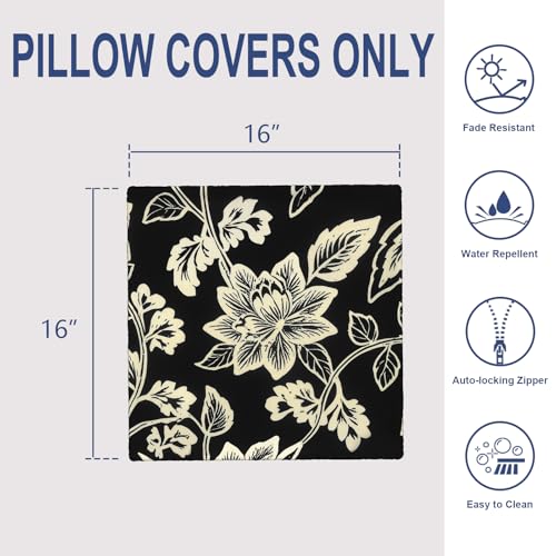 Outdoor 16x16 Inch Throw Pillow Covers Set of 2, Covers ONLY, All Weather Square Pillow Cases, Patio Cushion Pillow of Home Furniture Use, Elegant Vines Black - color: Elegant Vines Black, size: 16" x 16" (Pack of 2)