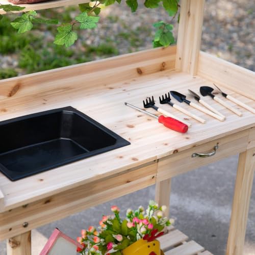 36" Wooden Potting Bench Work Table with Wheels, Removable Sink, Drawer, Shelves & Garden Storage Workstation (Natural Wood) - color: Natural Wood