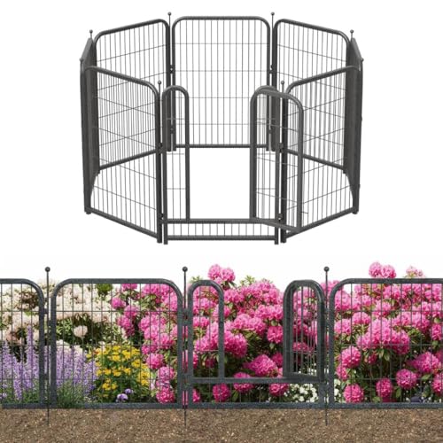 Decorative Garden Metal Fence 18ft (L)×40in (H) with 7 Panels 1Gate Outdoor, No Dig Rustproof Wire, Animal Barrier Fencing for Outdoor Yard Patio Flower Bed,（Black-Silver） - size: 40in(H)x18ft(L)