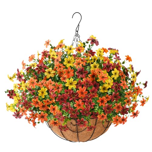 Artificial Flowers for Outdoors Faux Fall Hanging Baskets UV Resistant - color: G Orange Brown Yellow
