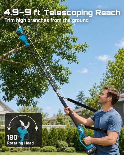 SEESII 2-in-1 Pole Pruning Shears 1.6'' Cut, 20V Cordless, 4.9-9 ft Reach - color: Electric Blue