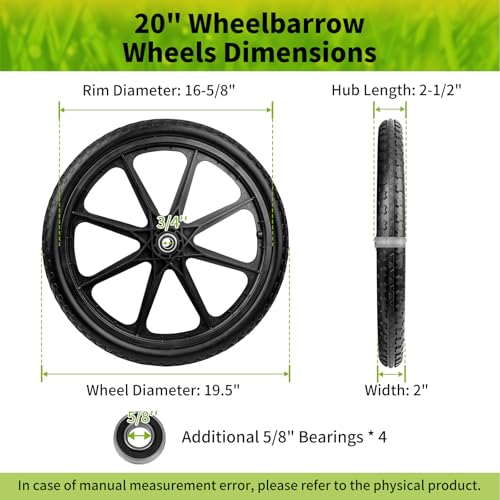 20" Wheelbarrow Wheels Fit for Rubbermaid, Flat Free Carts Tire for Wheelbarrow, Garden Trailers, Yard Trailers, U tility Carts, L awn Carts, with 3/4" & 5/8" Bearing, 2-1/2" Centered Hub, 2 Pack