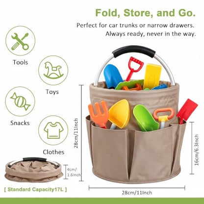 Cleaning Supply Caddy, 17L Foldable Cleaning Caddy with Handle and 6 Pockets, 600D Oxford Fabric Portable Shower Caddy, Bucket Bag for Cleaning Products, Camping, Khaki - color: Khaki