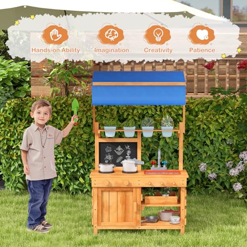 GLACER Mud Kitchen, Fir Wood Kids Play Kitchen with Adjustable Canopy, 4 Planting Pots, Blackboard, Kids Potting Bench Table, Outdoor Mud Table for Girls & Boys 3+