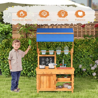 GLACER Mud Kitchen, Fir Wood Kids Play Kitchen with Adjustable Canopy, 4 Planting Pots, Blackboard, Kids Potting Bench Table, Outdoor Mud Table for Girls & Boys 3+