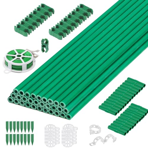 Cludoo 94PCS Garden Stakes Set with 30 Sets Fiberglass Plant Stakes Sticks Supports and Accessories, DIY 4ft 5ft 6ft 7ft Tomato Stakes for Tomato,Vegetables, Pepper, Indoor Outdoor Spring Plants - size: 30 sets