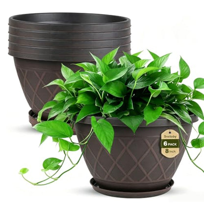 6 Pack 8 Inch Plant Pots, Planters with Drainage Holes & Saucers - color: Plaid Pattern-brown, size: 8 Inch - 6Pack