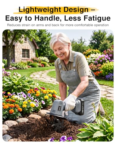 Mini Cordless Tiller Cultivator, 20V Electric Rototiller for Gardening, Lightweight 2.6 lbs Handheld Garden Tiller with 2×2.0Ah Battery, 4" Width×4" Depth, for Raised Beds, Lawn, Flower Beds & Weeding - size: 4inch x 4inch