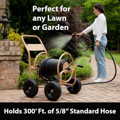 Liberty Garden Industrial 4 Wheel 300 Foot of 0.625 Inch Hose Steel Frame Water Hose Reel Cart for Backyard, Garden, or Lawn, Beige