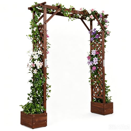 VINGLI Wooden Garden Arbor with Planter, Wedding Arch for Ceremony, Wood Garden Arbour Trellis for Plant Climbing, Pergola for Garden Backyard, Lawn, Outdoor (Dark Brown) - color: Dark Brown