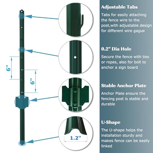 4 Feet Green, Pack of 10 Metal Fence Post, for 36 Inch High Garden Welded Wire Fence U-Channel Steel Garden Post Fence Stake - size: 4',10 PCS