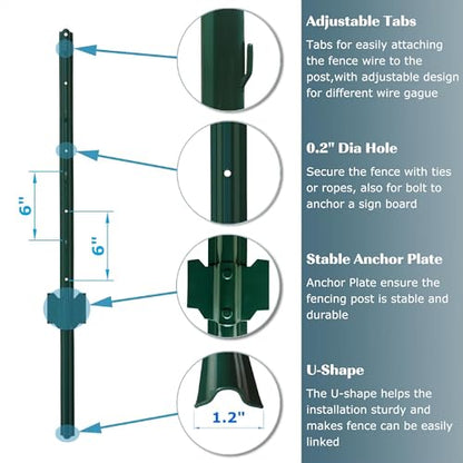 4 Feet Green, Pack of 10 Metal Fence Post, for 36 Inch High Garden Welded Wire Fence U-Channel Steel Garden Post Fence Stake - size: 4',10 PCS