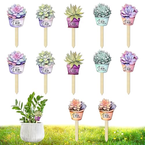 M METERXITY 1-Set Plant Label Signs, Wooden Garden Herb Markers for Succulent Flowers/Greenery/Seedling Nursery/Indoor Outdoor Garden Decoration, Plant Tags [Let Love Flowerpot]