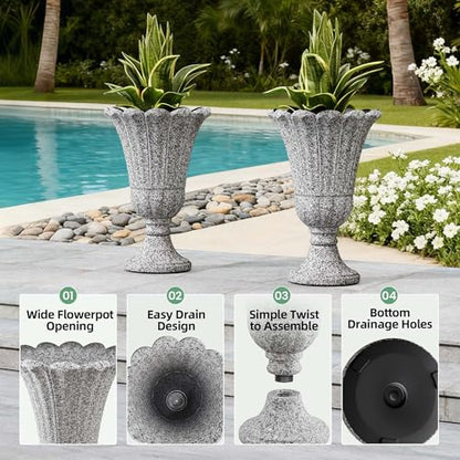 Tall Plastic Urn Planters and Pedestal - 24" Outdoor Planter Grey - color: Heather Gray-petal