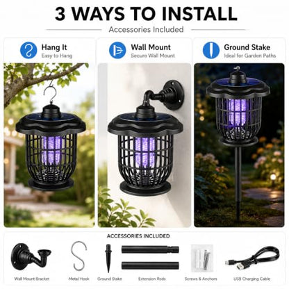 Rechargeable Outdoor Bug Zapper, 2000V Grid, Solar Panel, 365nm Light