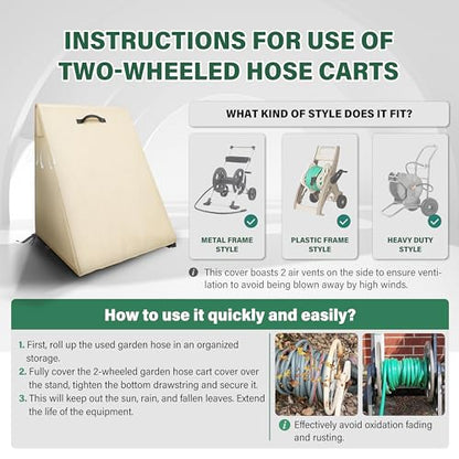 Veranda Patio Free Standing Portable Garden Hose Reel Cover,Waterproof, Dustproof and Sun-Proof Protect Your Hose Reel and prolong its Life(26"W x25"D x 35"H) - color: Khaki - Two Wheels Hose Reel Cart Cover, size: 0-200FT