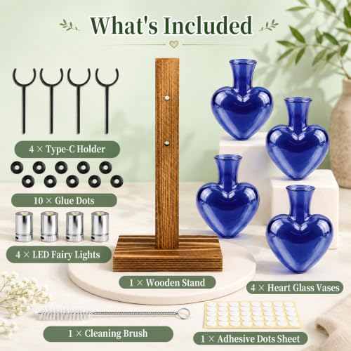Plant Terrarium Propagation Station with 4 Heart Glass Vases - Deep Blue - color: Deep Blue