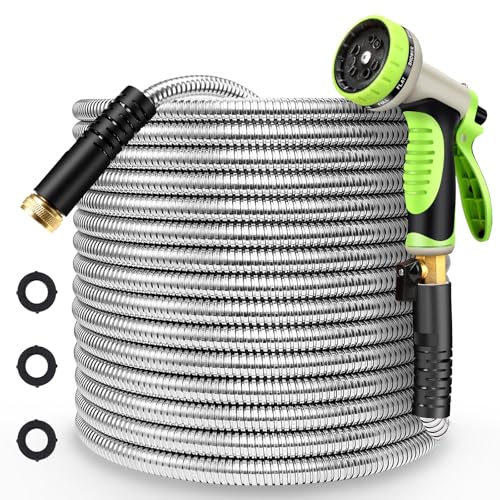 Metal Garden Hose 50FT Stainless Steel Heavy Duty Flexible Lightweight Water Hoses Pipe with 10-Function Spray Nozzle and 3/4" Solid Brass Fittings No Kink Durable for Outdoor Yard & Lawn - size: 50FT