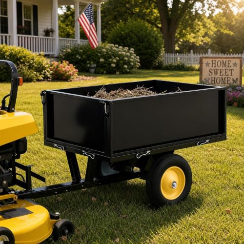 Garvee Heavy Duty Tow Behind ATV Trailer Steel Dump Cart 500 LB, 10-Cubic Feet Capacity Garden Utility Trailer with Removable Tailgate for Riding Lawn Mower Tractor - size: 500 LBS