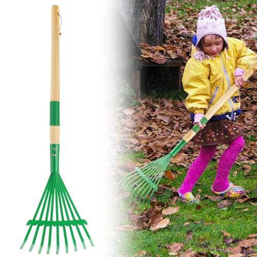 Kids Rakes with Hardwood Handle - Metal Kids Leaves Rakes, 28" Child Size Lawn Rakes with Vibrant Green Heads, Garden Tool Set for Kids Boys and Girls - color: Green