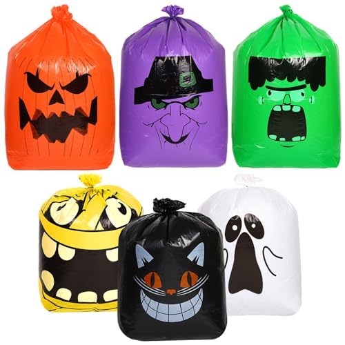 6pcs Halloween Lawn Leaf Bags, Halloween Pumpkin Leaf Bags Witch Black Cat Ghost Mummy Frankenstein Halloween Trash Bag with Twist Tie for Outdoor Garden Lawn Yard Decorations