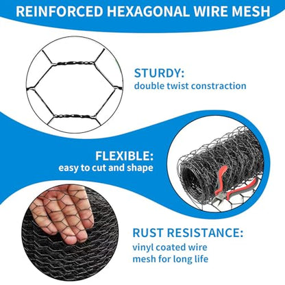 60'' x 150' Black Chicken Wire Mesh Fence, 20 Gauge Galvanized Poultry Netting and 1 inch Garden Mesh Fence Roll, Chicken Wire for Floral Arrangements/Crafts/Farm/Livestock/Pet Protection - size: 20 gauge 60'' x 150'