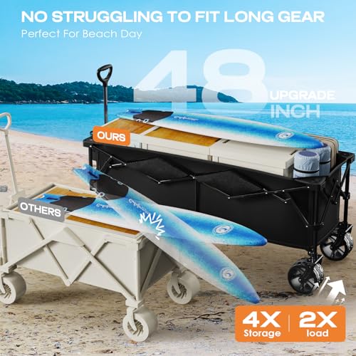 Uyittour 300L Extra Large Collapsible Foldable Wagon, 440lbs Load Capacity 48''L Extended Heavy Duty Folding Beach Wagon with Big All-Terrain Wheels, Utility Garden Cart for Outdoor Activities, Black