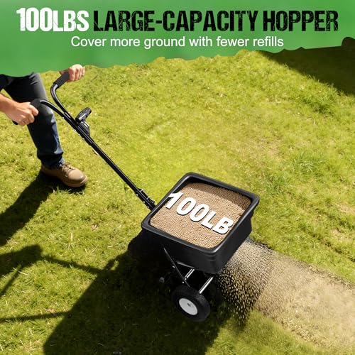 PPOLB Broadcast Spreader for Lawns, 100LB Fertilizer Spreader with 30-Level Flow Control, Walk Behind Lawn Seed & Salt Spreader, 0–10FT Coverage, Hopper Screen, Rain Cover, 12" Pneumatic Wheels - size: 100LBS