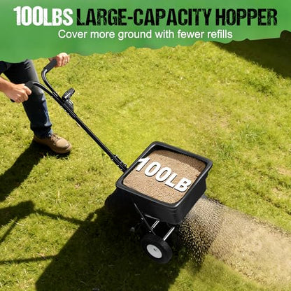 PPOLB Broadcast Spreader for Lawns, 100LB Fertilizer Spreader with 30-Level Flow Control, Walk Behind Lawn Seed & Salt Spreader, 0–10FT Coverage, Hopper Screen, Rain Cover, 12" Pneumatic Wheels - size: 100LBS