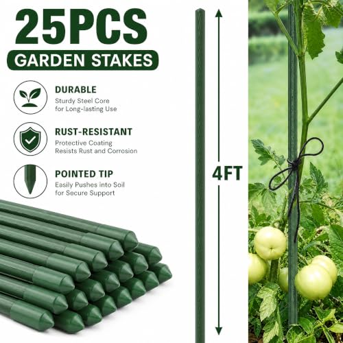 Xiny Tool Garden Stakes, 25 Pack 4 Ft Steel Plant Garden Tomato Stakes with Plastic Coat for Climbing Plants (25 Pack 48 Inch) - size: 48 Inch