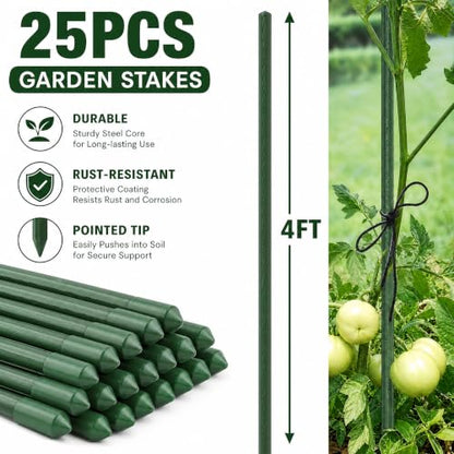 Xiny Tool Garden Stakes, 25 Pack 4 Ft Steel Plant Garden Tomato Stakes with Plastic Coat for Climbing Plants (25 Pack 48 Inch) - size: 48 Inch