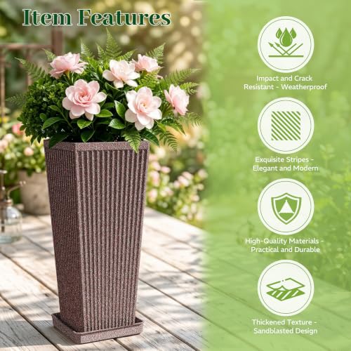 Square Tall Planters for Outdoor Plants with Tray - 24" Brown 2Pack - color: Reddish Brown-sandblasting
