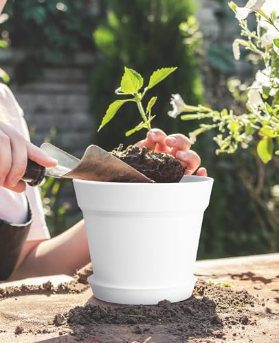 homenote 7.5 Inch Plastic Flower Pots with Drainage Holes and Trays (8 Pcs) - color: White & Black-8 Pcs, size: 7.5 Inch