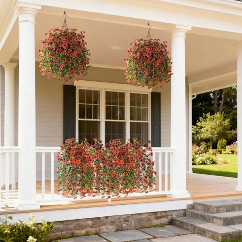Artificial Flowers for Outdoors, 2 Pcs Faux Hanging Plants UV Resistant - color: Red and Brown