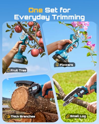 SEESII 2-in-1 Mini Chainsaw & Pruning Shears, 20V Brushless Motor Combo - color: Industrial Blue
