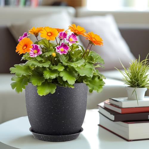 10/9/8 inch Plant Pots, 3 Pack Plastic Flower Pots Modern Flower Pots with Drainage Holes and Trays are for Indoor and Outdoor Plants, Herbs and Flowers,Black Speckles - color: Black