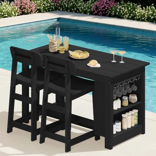 SERWALL 3-Piece Outdoor HDPE Counter-Height Bar Set with 2 Stools, Black - color: Black, size: 3 Piece Bar Set