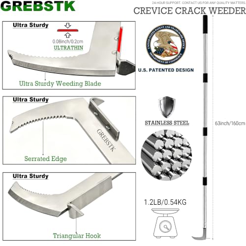 GREBSTK Crack Weeder Crevice Weeding Stainless Steel Tool Adjustable, 63 in