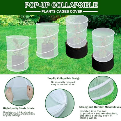 4 Pack Pop up Plant Covers Tent from Animals, 20"H X 13"D Insect Barrier Mesh Plant Guard Cover Net White Garden Plant Protectors Mini Greenhouse Plant Protection Cage with Stakes for Outdoor Plants - color: White