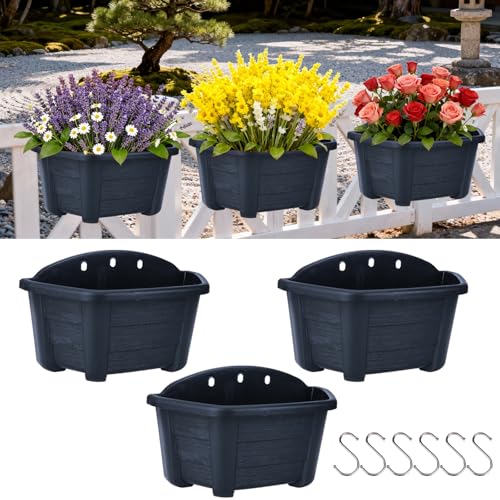 summer flower ‌3 Pack Black Hanging Railing Planters 9.84 Inch Plastic Window Box with Drain Hole for Indoor Outdoor Balcony Fence Garden Decor - color: Black